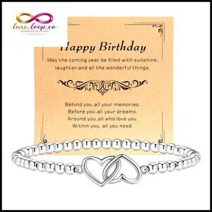 Gold Plated Stretch Bracelet with Double Heart Pendant, Beaded Design